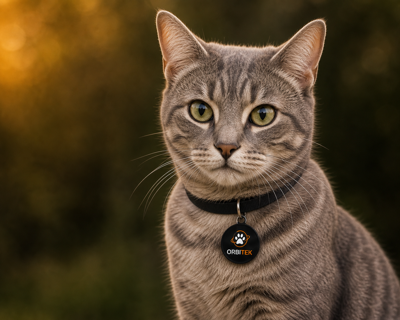 Gato usando coleira e tag BIRX Pets