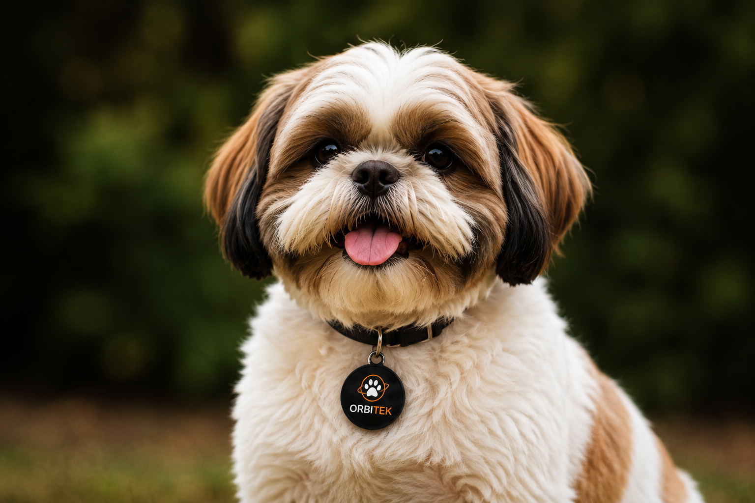 Cachorro de pequeno porte usando coleira e tag BIRX Pets